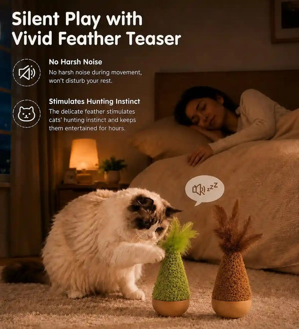 2-Pack Interactive Self-Righting Wobble Cat Toy with Feather, Fluffy Plush Wooden Tumbler for Bored Adult Indoor Cats Silent Self Play Cat Enrichment Toy, Green & Brown4