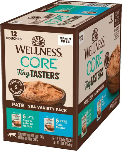 Wellness CORE Tiny Tasters Pate Variety Pack Adult Wet Cat Food, Natural, Protein Rich, Grain Free, Land Recipes, 1.75 Oz, Pack of 12 Pouches13