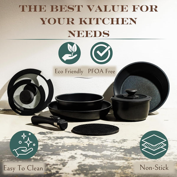 10Pcs Nonstick Cookware Pans with Removable Handles, Space Saving Pots and Pans with Removable Handles, RV Pots and Pans Set for Camping, Oven and Induction Ready6