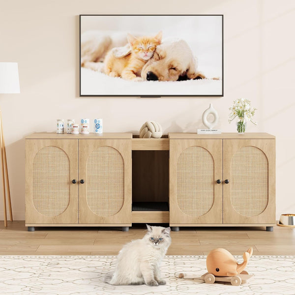 Garvee 55.1" Double Litter Box Enclosure, Boho Cat Box Furniture for 2 Cats, Cat Litter Box Furniture Hidden with Cat Scratch Pad, Large Indoor Pet House with Double Room, Wood Color | Double Room Design, Fits Most Litter Boxes, Built in Litter Mat, Double Roller Latch, Storage Cubby, Ventilated Cabinets9