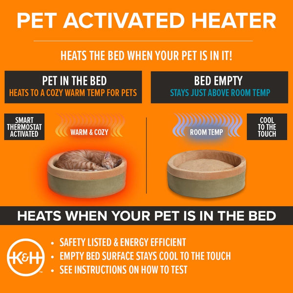 K&H Pet Products Thermo-Kitty Bed Heated Cat Beds for Large Indoor Cats & Dogs, Calming Warming Pillow Pet Bed, Machine Washable, Removable Heater, Safety Listed - Large 20" round Mocha/Tan4