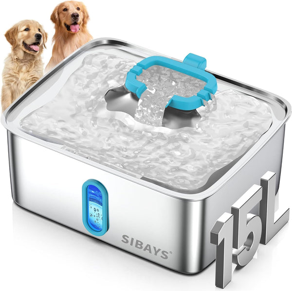 SIBAYS 4Gal/15L Dog Water Fountain for Large Dogs, Stainless Steel Large Pet Water Fountain, Ultra Quiet Automatic Dog Water Bowl Dispenser with Water Level Window and LED Light(Fs78, Silver-Grey)9