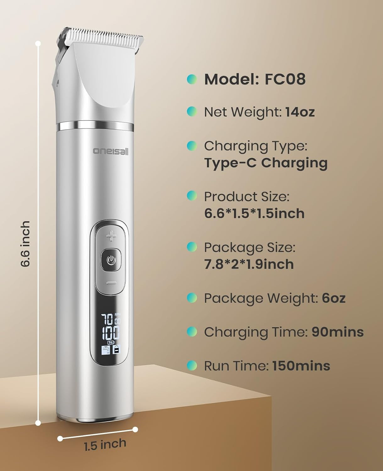oneisall-4-in-1-dog-grooming-kit-with-lcd-display-paw-hair-trimmer-nail-grinder-rechargeable-cordless-low-noise-ipx7-waterproof-3-speeds-pet-grooming-clippers