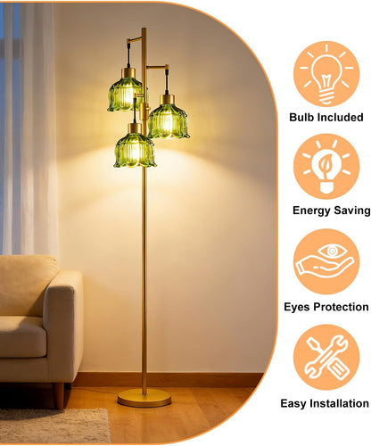 Floral Floor Lamp Dimmable Floor Flower Lamp Green Glass Shade | Gold Tall Lamp 3-Light Bulbs Included,Mid Century Standing Lamp with 5Lbs Heavy Base for Living Room/Bedroom/Sofa Beside4