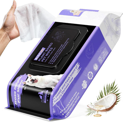 HICC PET Pet Cleaning Wipes for Dogs & Cats, Paws & Coat, 100 Count | Pearl-Textured, with Fermented Coconut Oil and Damask Rose, for Face and Rear-End Cleaning after Walks or between Baths1