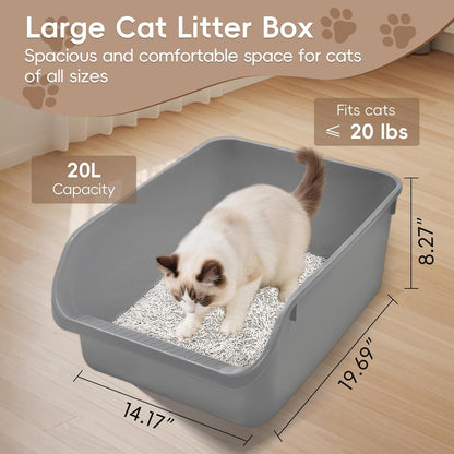 Large Cat Litter Box with High Sides,Durable Open Top Cat Litter Pan for Kitty,Plastic Indoor Big Cat Box with High Wall,Senior Cat Toilet with Low Entry,Easy to Clean,Anti-Splashing(Grey)6