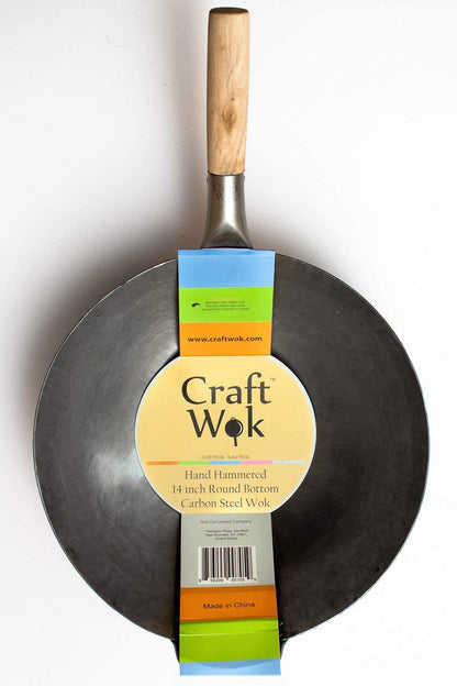 Traditional Hand Hammered Chinese Carbon Steel Wok with Wooden and Steel Helper Handle (14 Inch, round Bottom Pow Wok Pan) / 731W887