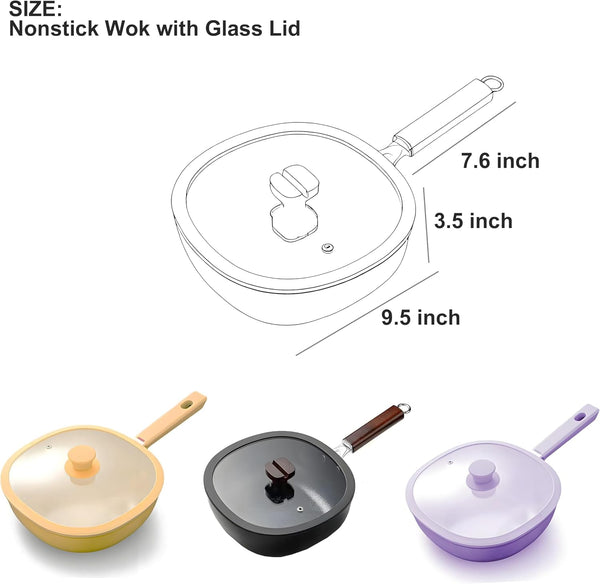 Square Nonstick Iron Wok with Glass Lid, 2QT Coating-Free Stir-Fry Pot, Induction Ready, Japanese Wooden Handle Saucepan (Black, 2Qt/9.5In Iron Pan)2