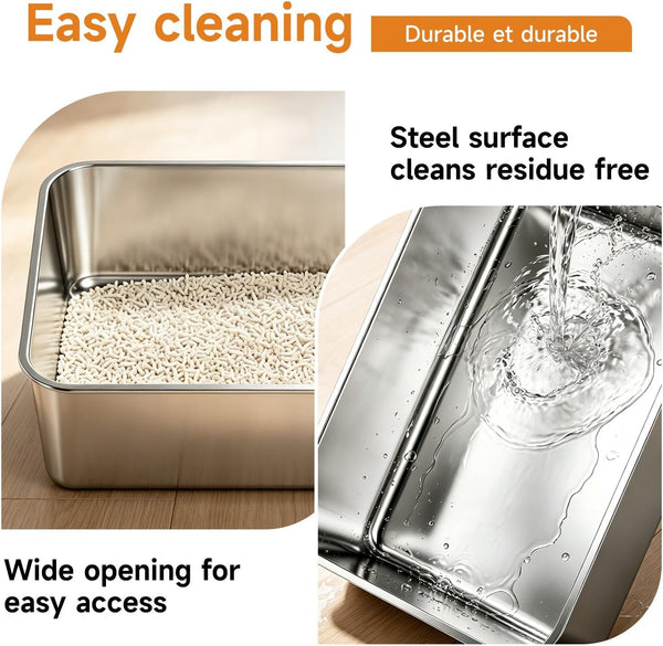 Stainless Steel Litter Box, Metal Litterpan for Small Cats Odor Free | Metal Litter Pan Tray Toilet Easy Clean Extra Large Leakproof Scoop Open Top Rust‑Proof Indoor Cats Kittens Low Entry Grey5