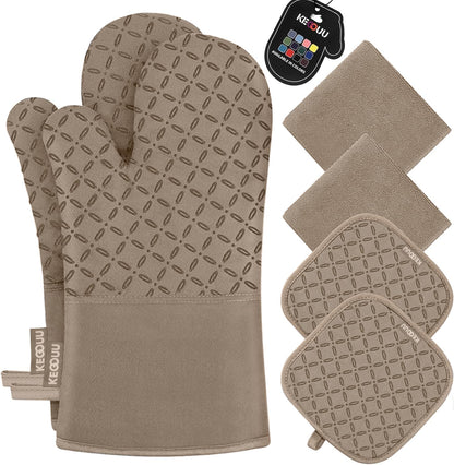 Oven Mitts and Pot Holders 6Pcs Set, Kitchen Oven Glove High Heat Resistant 500 Degree Extra Long Oven Mitts and Potholder with Non-Slip Silicone Surface for Cooking (Khaki)1