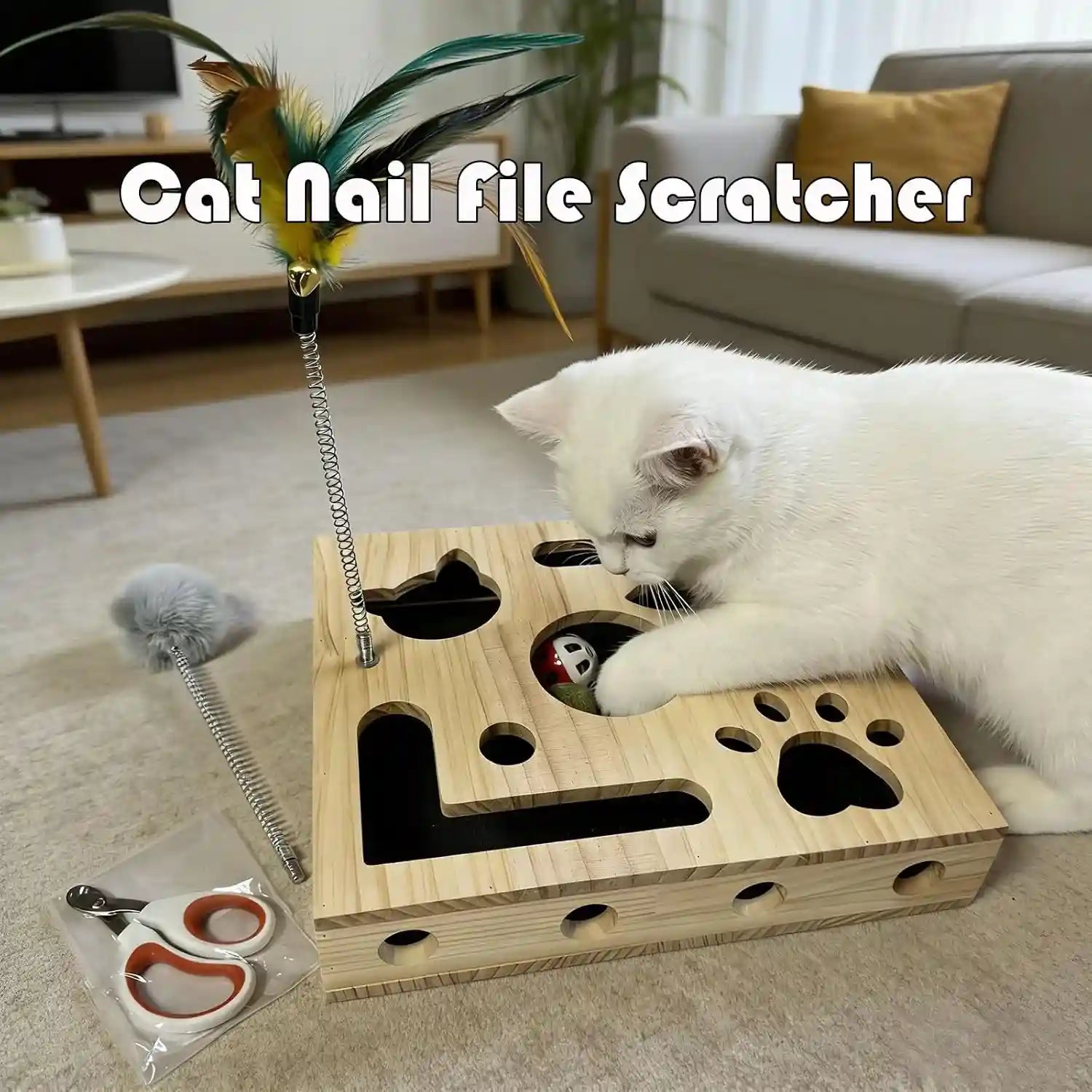 cat-nail-file-scratcher-large-solid-wood-cat-toy-box-with-sandpaper-inside-interactive-indoor-cat-toy-cat-claw-saver-box-3-bells-2-cat-wand-1cat-nail-clippers