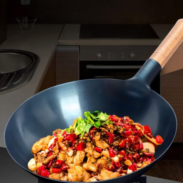 Pre-Seasoned Blue Carbon Steel Wok Pan, 13.5 Inch round Bottom Stir Fry Pan for Gas Stovetops - Heavy Duty Chinese Cookware with Stay-Cool Wooden Handle (5 Quart)4
