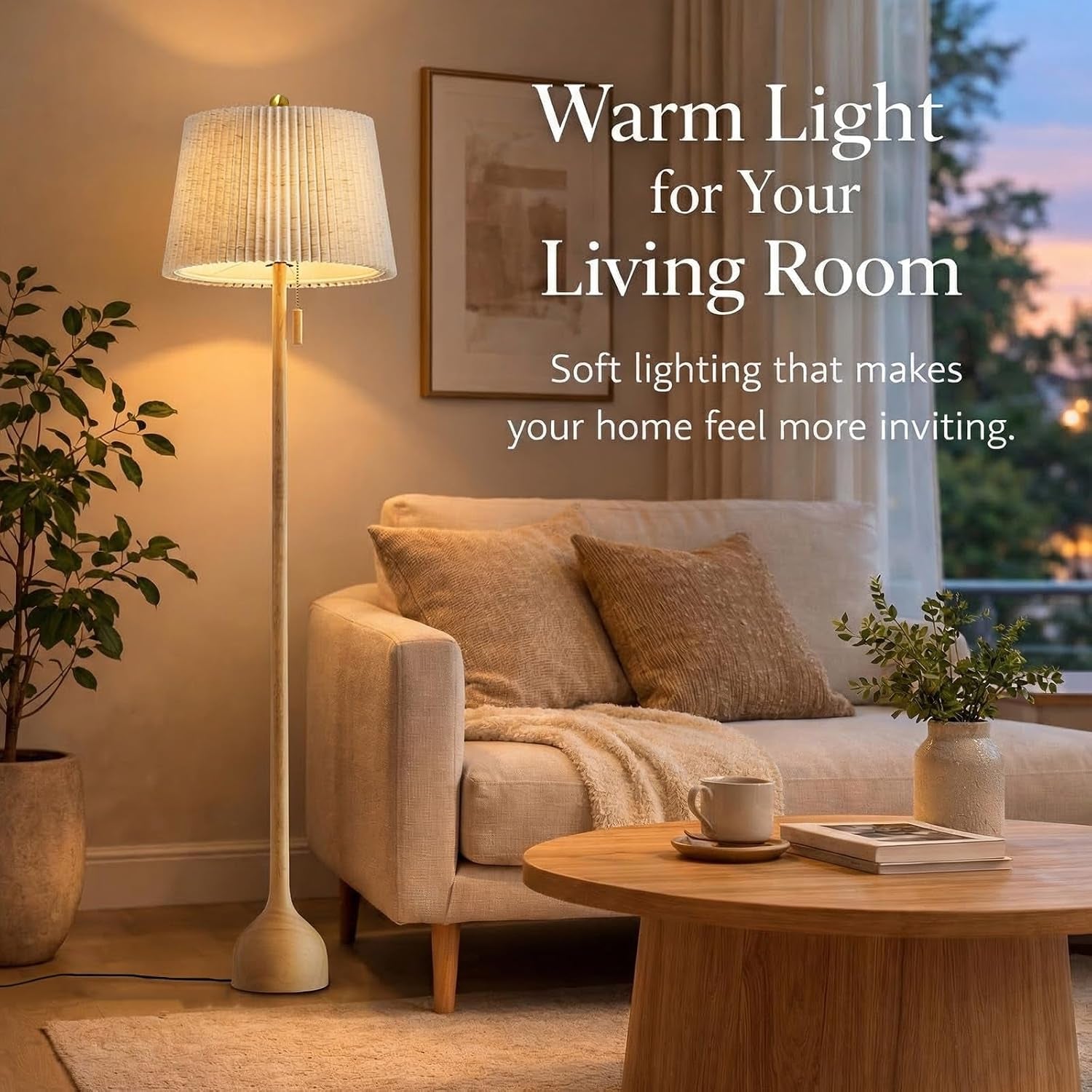 mid-century-modern-real-wood-floor-lamp-with-2-shades-for-two-looks-65-tall-sculptural-teardrop-base-wooden-pull-chain-vintage-standing-lamp-linen-shades-living-room-bedroom-bulb-included