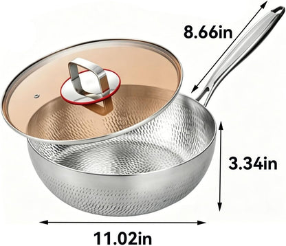 Titanium Hammered Wok with Lid, Titanium Pans for Cooking, No Coating Non Stick Titanium Cookware, Durable Scratch-Resistant Titanium Frying Pans, Dishwasher Safe,11.02In7