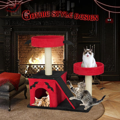 VINGLI 27.6In Gothic Cat Tree with Spacious Cat Condo & 2 Padded Perches, Red & Black Cat Tower with Scratching Ladder, Sisal Posts & Spider Toy for Large Cats2