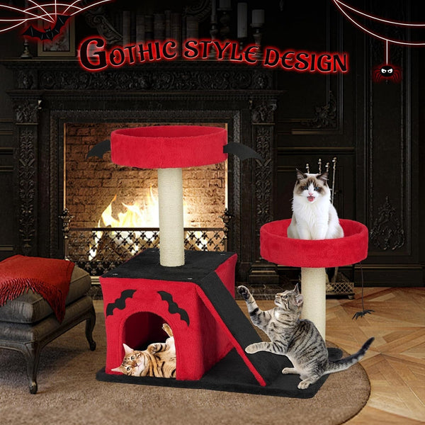 VINGLI 27.6In Gothic Cat Tree with Spacious Cat Condo & 2 Padded Perches, Red & Black Cat Tower with Scratching Ladder, Sisal Posts & Spider Toy for Large Cats2