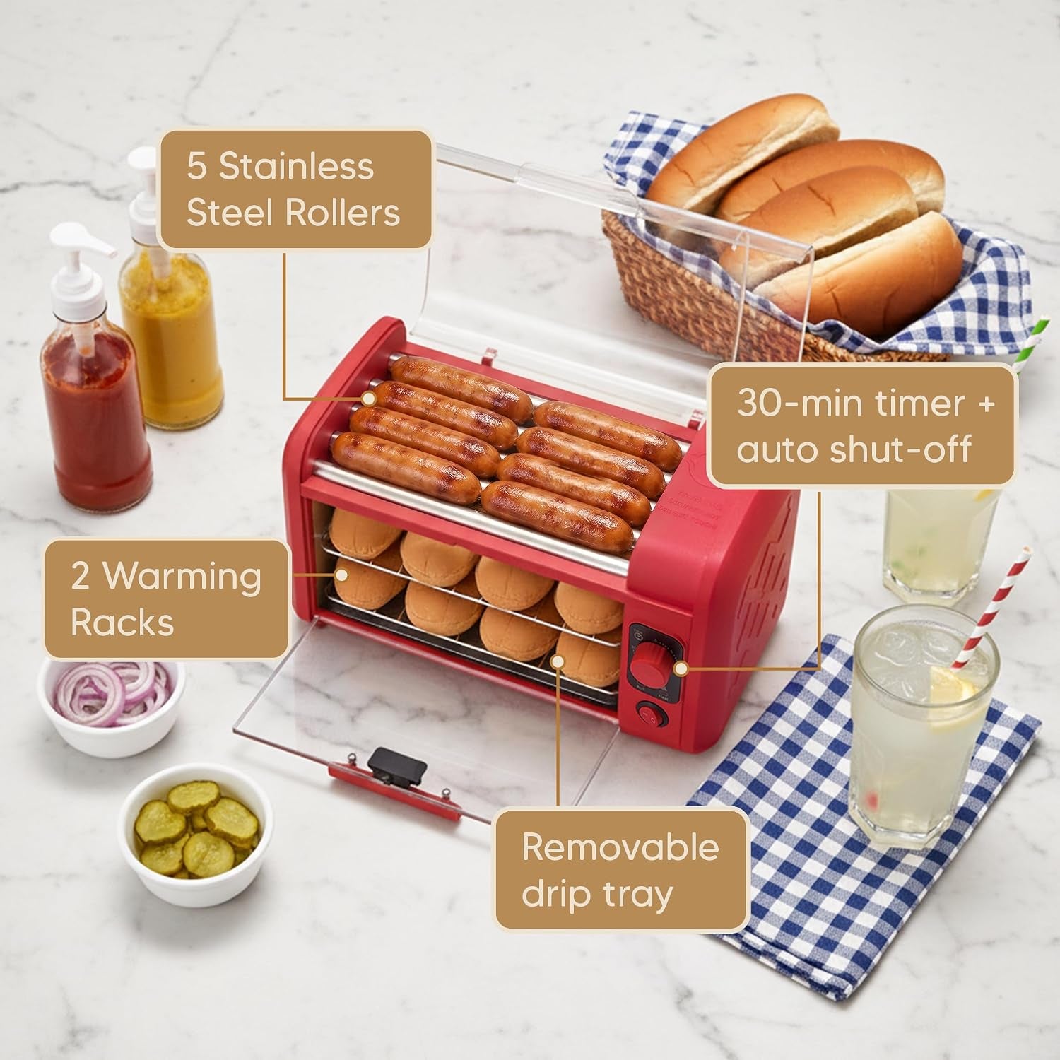 8-hot-dog-roller-toaster-oven-5-rollers-auto-shut-off-red-30-min-timer-stainless-steel-rollers-2-warming-racks-bun-warmer-drip-pan-cooks-brats-sausages-taquitos