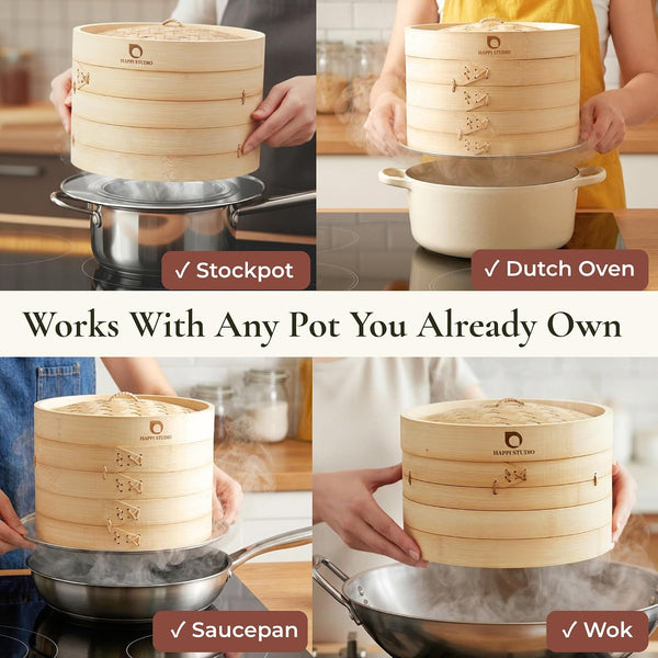 Bamboo Steamer Basket 10 Inch, Extra Deep Dumpling Steamer Set | Incl. Silicone Liners & Steel Ring, Steam Basket for Pot & Wok. Vegetable & Food Steamer for Dim Sum, Bao Buns4