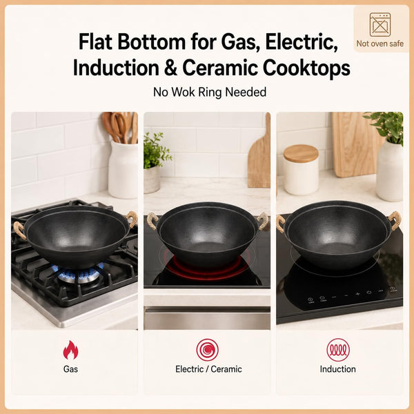 13.4 Inch Cast Iron Wok with Lid, Flat Bottom Chinese Stir Fry Pan, Uncoated Heavy Duty Wok Pan for Induction, Gas, Electric & Ceramic Stoves, Dual Handles3