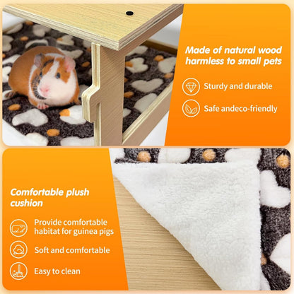Guinea Pig Hideout，Natural Wood Removable Guinea Pig Bed, Small Animal Habitat with Hanging Hammock/Staircase/Cushion, Suitable for Small Animals to Hide, Rest, Play4