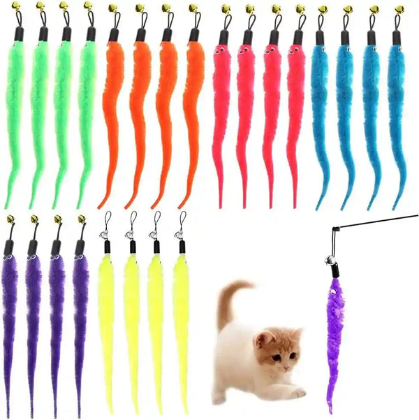 Kuuguu 24 PCS Cat Worm Toy Replacement Teaser with Bell Refills Indoor Cat'S Interactive Wand and Catch Wand Soft Squiggly Worm Teaser Refills Attachment Interactive Catch Toy Accessories （6 Color）1