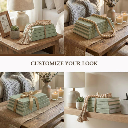 Decorative Books for Home Decor-Set of 4 Real Linen Decorative Books, Stacked Books with Wood Bead Garland, Jute Twine & Satin Ribbon, Neutral Modern Farmhouse & Boho Shelf Decor (Sage)5