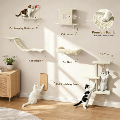 Cat Wall Shelves, 6 in 1 Cat Wall Furniture Set with Condos House, Bed, Bridge, Tree, Steps, Scratching Board, DIY Walls Playground for Indoor (Beige)2