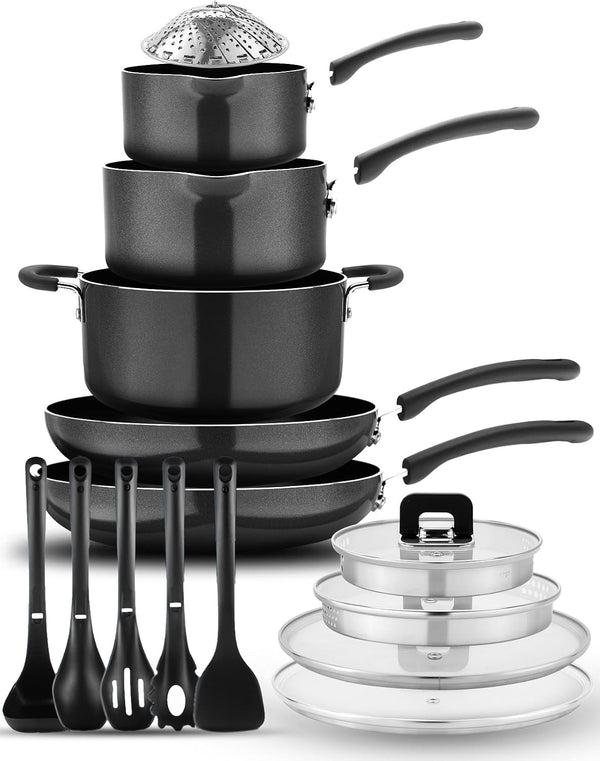 17-Piece Non-Stick Pans & Pots Set – Space-Saving, Induction-Compatible, Foldable Knob, Black Cookware with Heat-Resistant Utensils for Kitchen & RV1