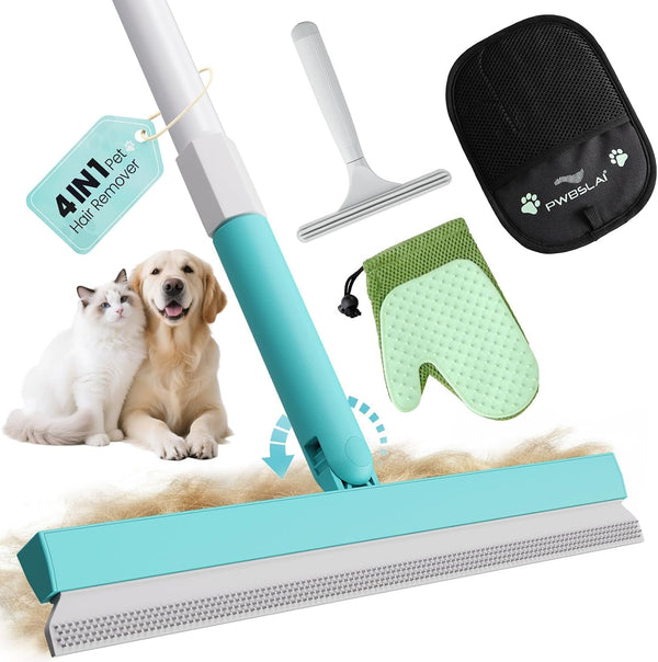 Carpet Rake for Pet Hair Removal Tool - 4 in 1 Pet Hair Remover Kit for Dog Cat Fur Remover, Contain 60" Adjustable Rubber Broom, Glove, Magic Brush and Scraper for Furniture,Short Pile Carpets, Mats10