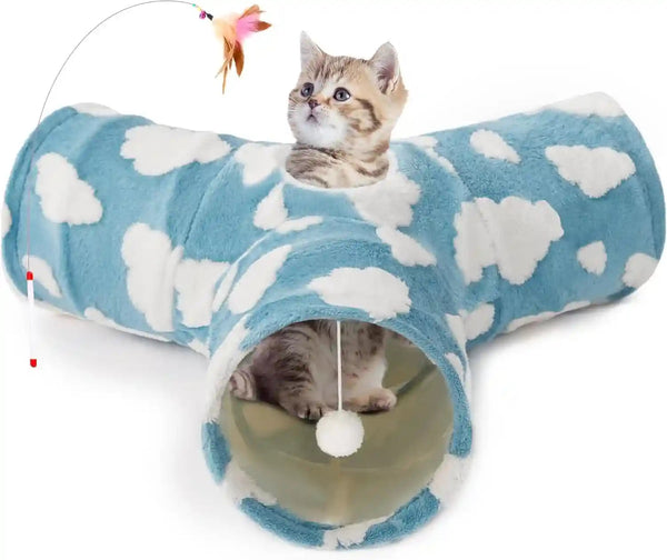 Tempcore Pet Cat Tunnel Tube Toys 3 Way Collapsible, Tunnels for Indoor Cats, Interactive Tube with Teaser Wand, Peek Holes & Hanging Ball, Black & Blue32