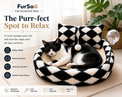 Furso Cat Bed Scratcher Lounge for Indoor Cats – Sisal Scratch Pad with Spring Treat Ball, Plush Pillow & Play Toy | Diamond Design | Protects Furniture6