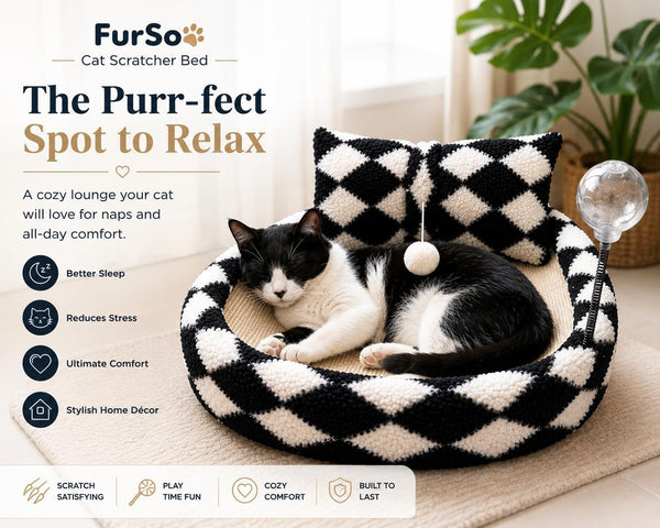 Furso Cat Bed Scratcher Lounge for Indoor Cats – Sisal Scratch Pad with Spring Treat Ball, Plush Pillow & Play Toy | Diamond Design | Protects Furniture6