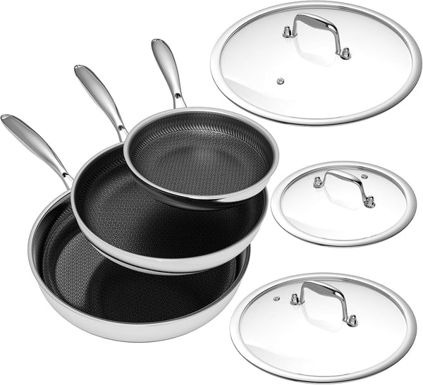 Non Stick Frying Pans Set, 8, 10 and 12-Inch with Lids, Hybrid Fajita Pans Nonstick for Cooking, Stainless Steel Pan Skillets, Dishwasher & Oven-Safe, Induction Ready Cooking Pan, PFOA Free Cookware1