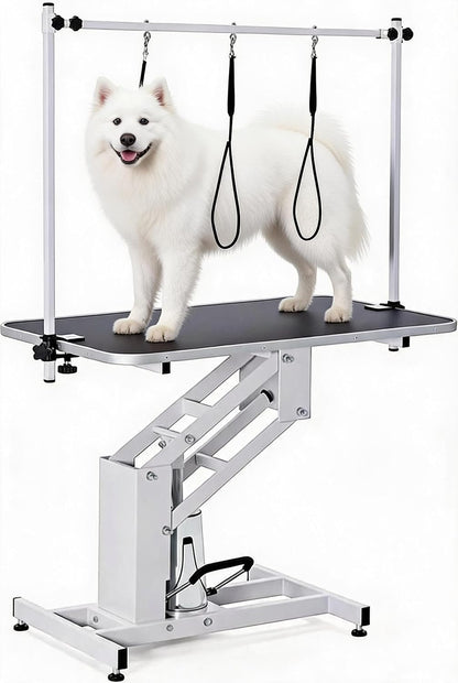 Garveelife 43.3" Hydraulic Dog Grooming Table for Pet, Heavy Duty Structural Hydraulic Max Load 350Lbs Professional Pet Grooming Table with Adjustable Overhead Arm & Noose Height Range 22"-39" (White)1