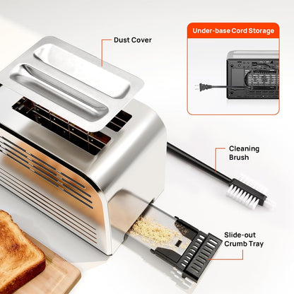 Smart Touch Screen 2 Slice Toasters with 6 Browning Levels, Timer | Reheat/Defrost/Cancel, Extra-Wide Slots, Removable Crumb Tray, Auto Pop-Up & anti Jam, Peak 925W, Full Stainless Steel Body9