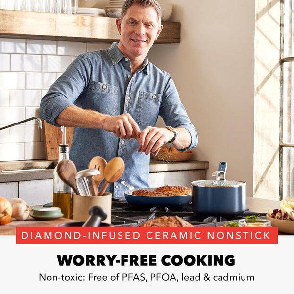 X Bobby Flay 13 Piece Nonstick Cookware Pots and Pans Set, Pfas-Free Diamond Ceramic, Induction Suitable, Easy Clean Dishwasher & Oven Safe, Stay-Cool Silicone Handles, Glass Lids, Navy Blue2
