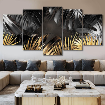 Black and Gold Leaves Painting Wall Decor for Living Room Nature Canvas Art Modern Artwork Framed Prints for Home Bedroom Picture Poster 5 Pieces Ready to Hang (12"X20"X2Pcs+12"X28"X2Pcs+12"X32")2