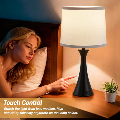 Touch Table Lamps Set of 2, 21" Bedside Lamps with USB C+A | 3 Way Dimmable Nightstand Lamps with Linen Shades, 2 LED Bulbs Included, Touch Lamp for Living Room, Bedroom and End Tables3