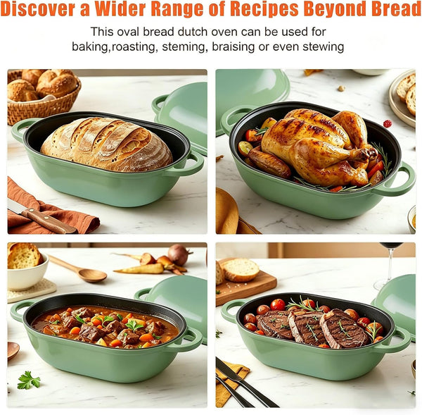 5 QT Enameled Cast Iron Sourdough Bread Oven, Loaf Pan with Lid | Oval Dutch Oven for Homemade Sourdough Bread Baking, Oven Safe up to 500°F, Meatloaf Pan with Dome Lid, Fig Green6