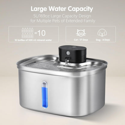 5L/169Oz Automatic Stainless Steel Pet Water Fountain for Cats & Dogs, Cordless Cat Dog Drinking Fountain with 5000Mah Rechargeable Battery, Ultra-Quiet Pump & 3 Smart Modes3