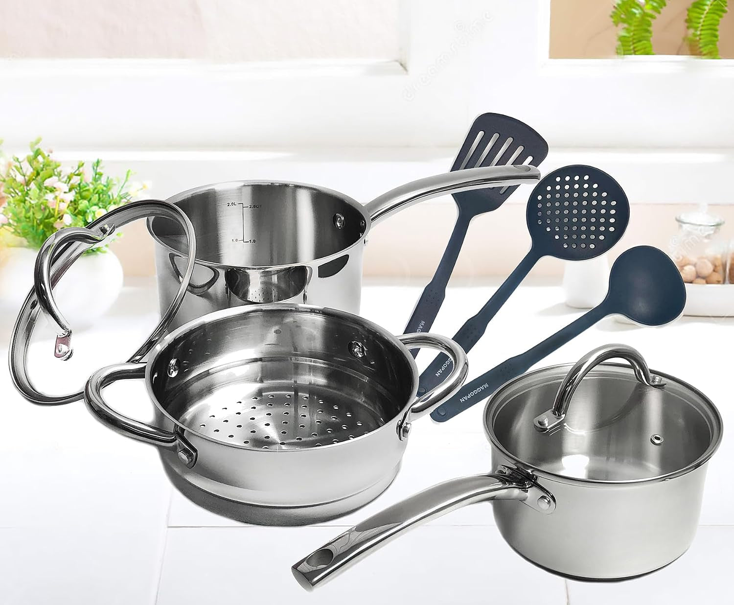 stainless-steel-saucepan-glass-lid-casting-steel-handle-induction-impact-bonded-8-pcs-set-steamer