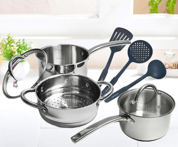 Stainless Steel Saucepan Glass Lid Casting Steel Handle Induction Impact Bonded 8 PCS Set Steamer2
