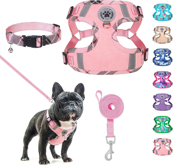 BEAUTYZOO Dog Harness Collar and Leash Set, No-Pull Step in Dog Harness for Large Dogs, Reflective No-Choke Puppy Vest Harness, Adjustable Soft Padded Pet Vest for French Bulldog, Dark Pink L10