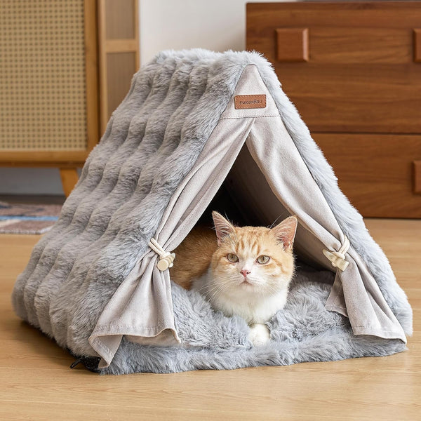 FUKUMARU Cat Cave Bed, Sturdy Frame Washable Cat Tent Bed with Curtain | Semi-Enclosed Cat Hideaway for Anxious Cats, Large Cozy Cat House for Indoor Cats, Soft Plush Covered Dog Bed, Cream10