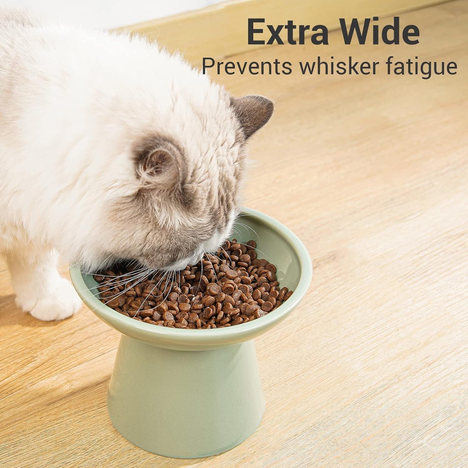 ceefu-extra-wide-elevated-ceramic-6-2-shallow-cat-food-bowl-cat-dish-for-whisker-fatigue-relief-5-height-for-easy-feeding-lead-cadmium-free-durable-raised-cat-bowl-sage-green