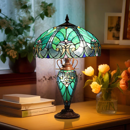 Tiffany Lamp 16" Cyan Green Stained Glass Table Lamp for Living Room | 3-Lights Victorian Style Turquoise Nightstand Bedside Desk Lamp with Nightlight for Bedroom Office W16" X H23"7