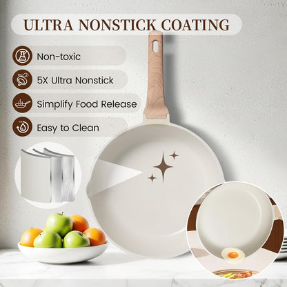 16Pcs Ceramic Pots and Pans Set Non Stick, Includes a 9.5" Grill Pan, Induction Kitchen Cookware Sets, White Nonstick RV Kitchen Camping Cooking Sets Stackable (PTFE, PFOS, PFOA Free)2