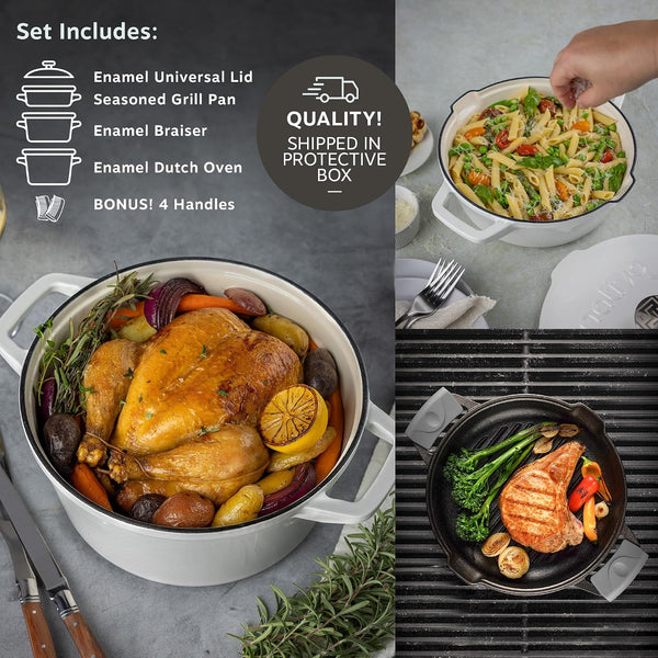 5Pc Stackable Cast Iron Cookware Set, Versatile Enamel Dutch Oven, Seasoned Grill Pan & Enamel Braiser with Precision Pour Spouts, Universal Lid, Included Spacers/Handle Holders, White Dutch4