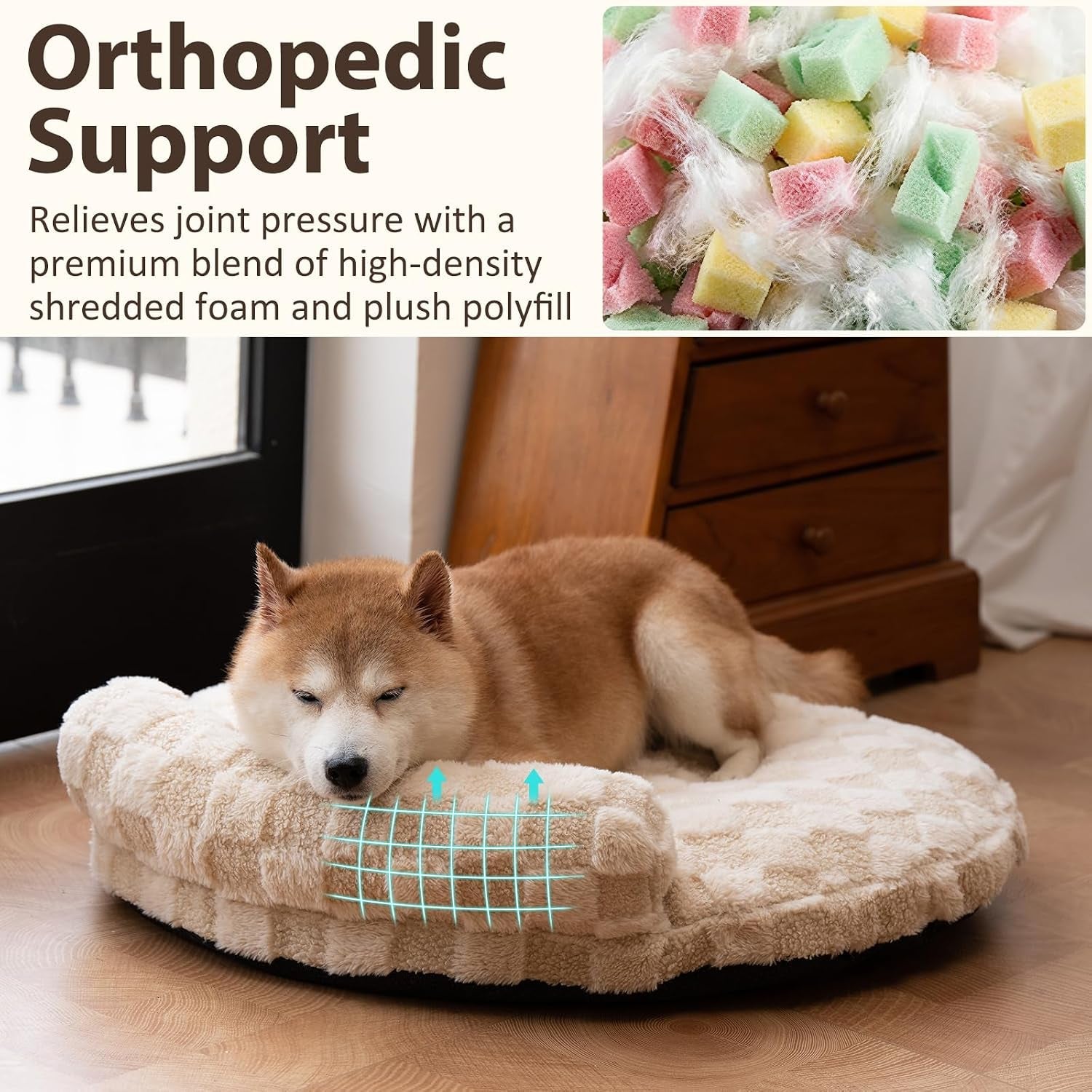 orthopedic-dog-bed-for-small-dogs-and-cats-beige-oval-30x25x7-calming-pillow-pet-couch-sofa-removable-washable-cover-oval-3d-checkered-plush-indoor