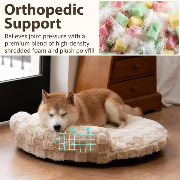 Orthopedic Dog Bed for Small Dogs and Cats Beige Oval 30X25X7 | Calming Pillow Pet Couch Sofa, Removable Washable Cover, Oval 3D Checkered Plush, Indoor3